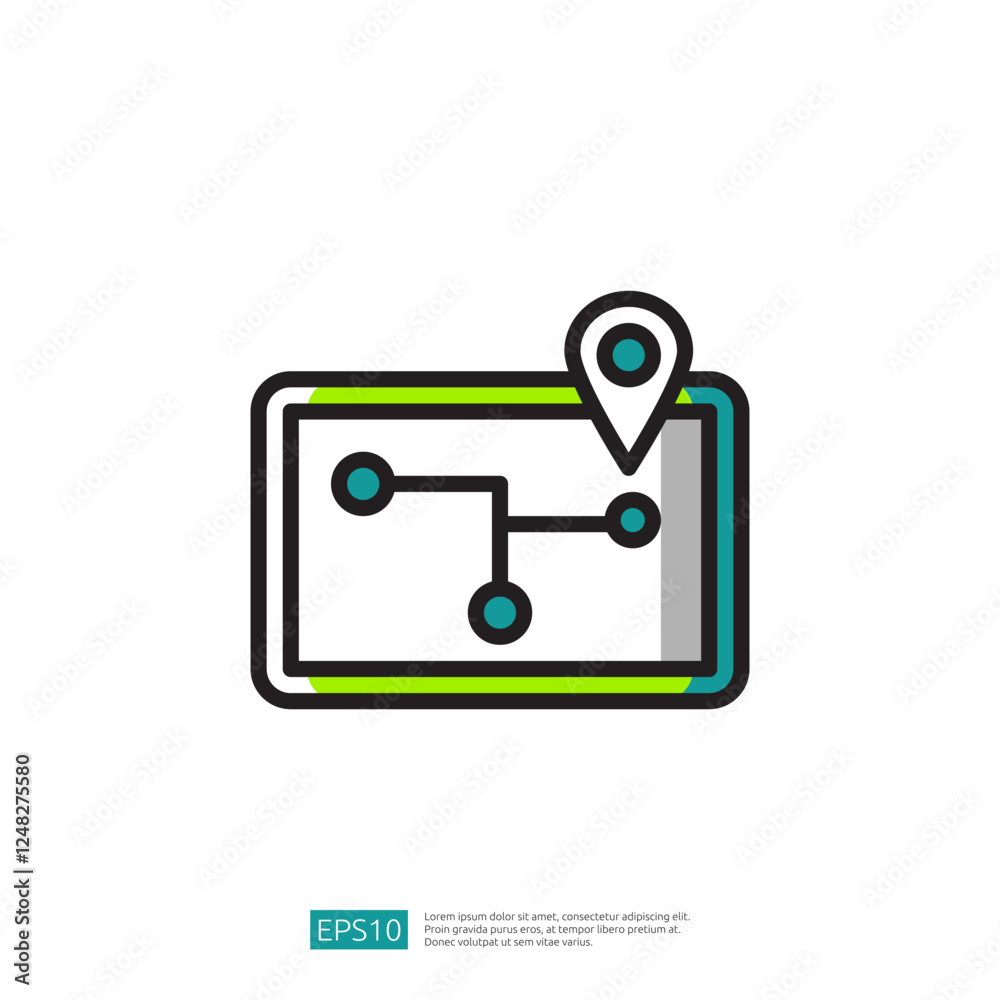 Poster digital map icon with location marker and abstract path lines on a white background