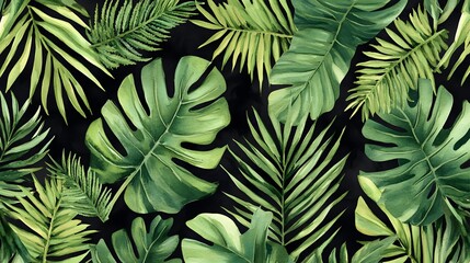Watercolor illustration depicts tropical palm fronds and monstera leaves