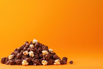 A heap of chocolate covered popcorn on orange background