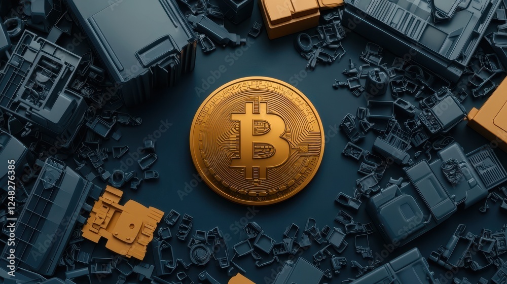 Poster a golden bitcoin sits prominently among a backdrop of dark, fragmented electronic components, symbol