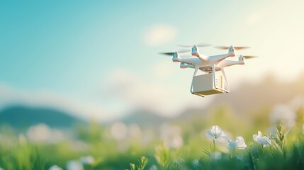 A drone carrying a small medical package flies over a rural landscape, showcasing its potential to deliver healthcare to remote or underserved areas.