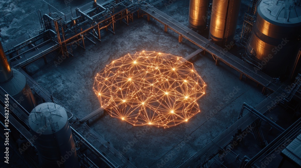 Poster A glowing network of interconnected nodes is displayed on a dark industrial surface, suggesting a futuristic or technological concept.