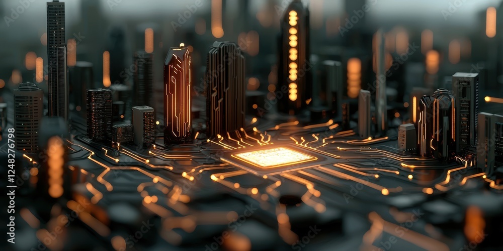 Poster A futuristic cityscape blends with a circuit board design, showcasing glowing circuits and digital architecture.