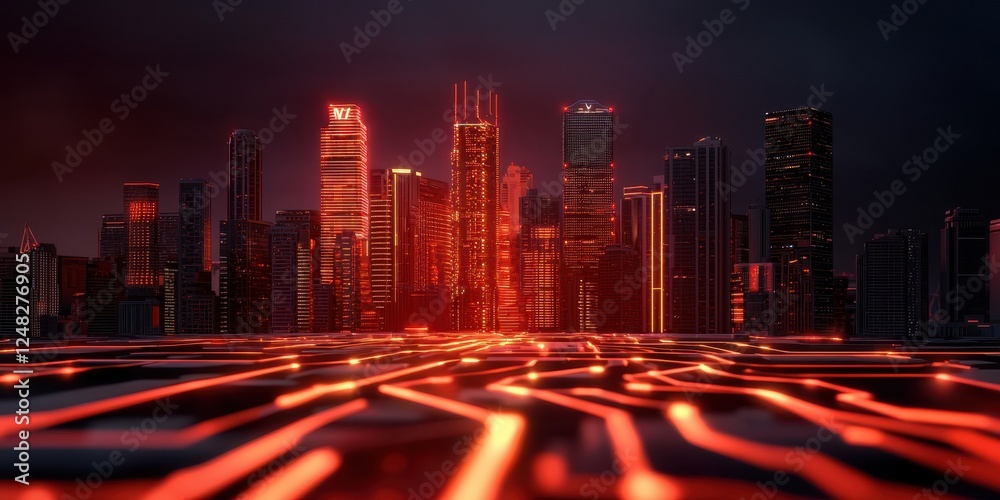 Poster A futuristic city skyline illuminated in red, with circuit-like patterns in the foreground, creating a blend of technology and urban architecture.