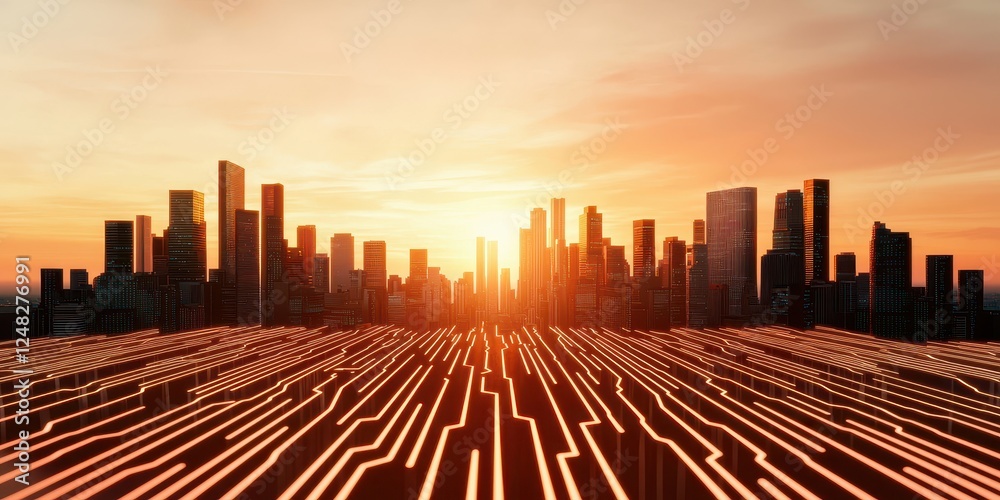 Poster a futuristic city skyline at sunset, with illuminated circuit-like patterns in the foreground, symbo