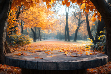 Rustic wooden table in sunlit autumn forest park with yellow leaves. Fall podium