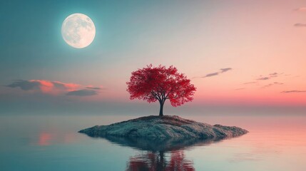 Solitary red tree on island, moonlit ocean, calm sunset; nature serenity