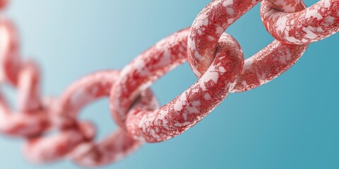 A close-up of a pink chain against a soft blue background, showcasing texture and detail.