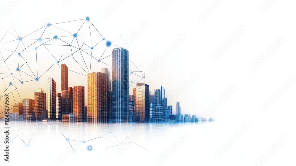 Aufkleber a modern city skyline with digital network connections, showcasing urban development and technologic