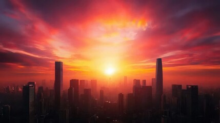 Fototapeta premium A vibrant sunset casts a warm glow over a city skyline, with towering buildings silhouetted against a colorful sky.
