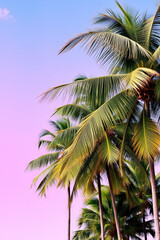 Fototapeta premium Vibrant Tropical Palm Trees with Lush Green Leaves Against a Dreamy Pastel Sky Digital Artwork Perfect for Summer Beach Paradise and Exotic Nature Backgrounds