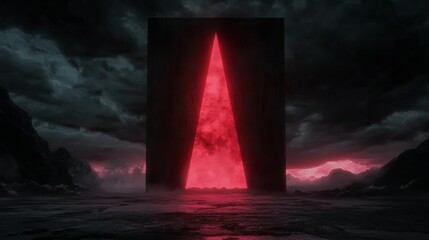 Obraz premium A dark monolith with a bright red triangle in the center dominates a landscape under a stormy sky creating a mysterious atmosphere