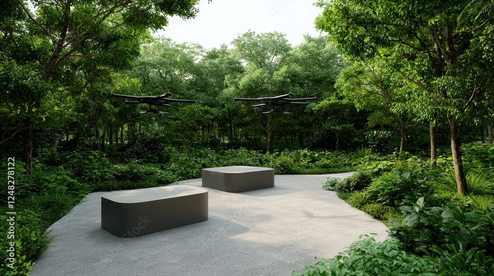 Poster a serene outdoor space features modern benches surrounded by lush greenery and trees, creating a pea