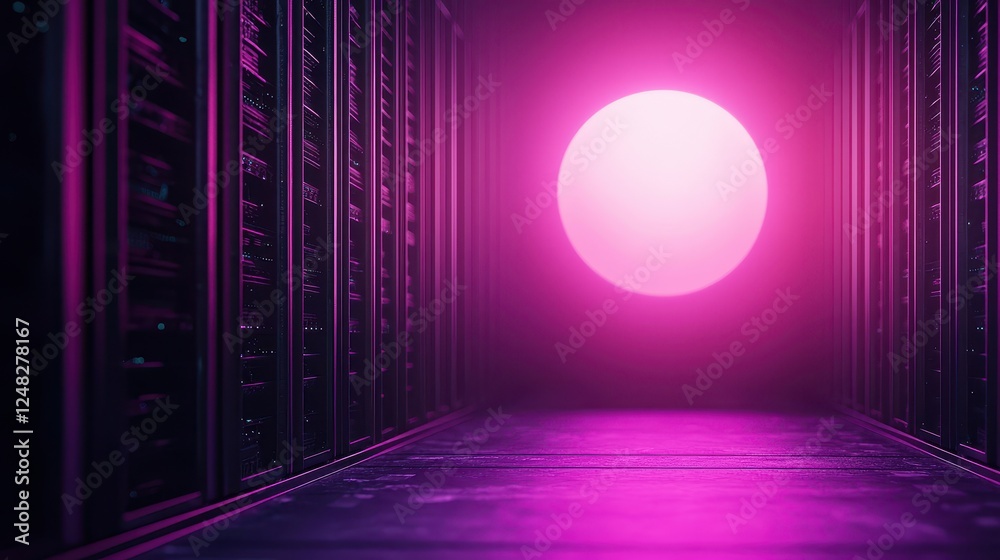 Poster a digital space featuring a glowing pink sphere, surrounded by dark server racks, creating a futuris