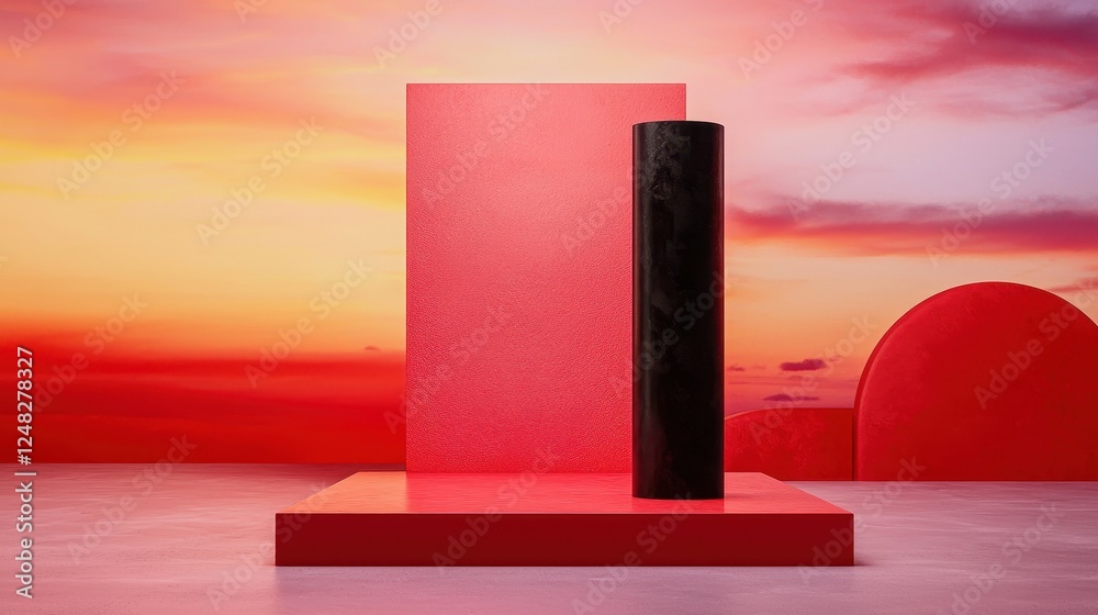 Aufkleber a striking abstract composition featuring geometric shapes against a vibrant sunset backdrop, combin