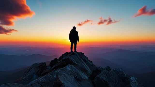 Silhouette on mountaintop during vibrant sunrise showcasing nature's beauty