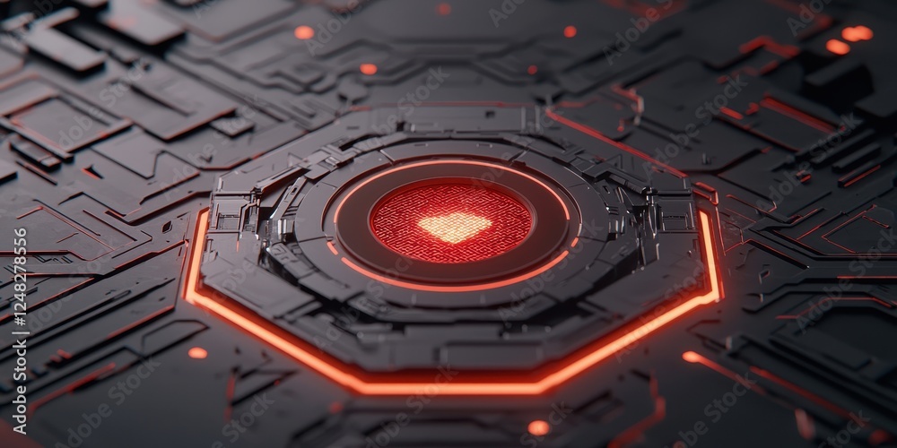 Poster A futuristic, glowing circuit design with a central hexagonal element surrounded by intricate patterns and vibrant orange accents.