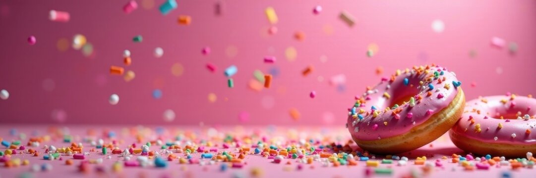 Rainbow sprinkles shower falling donuts, dark pink, bakery, food photography, falling