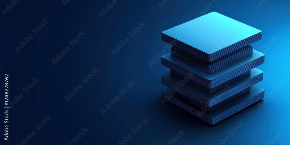 Poster A stack of blue, layered squares on a dark background, creating a modern and minimalist aesthetic in a tech-inspired design.
