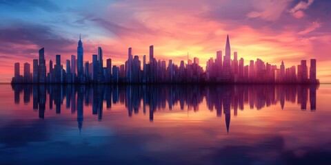 Fototapeta premium A vibrant city skyline reflected in calm waters at sunset, showcasing a blend of modern architecture and colorful hues in the sky.