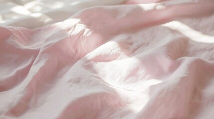 Relaxing ambiance envelops the soft pink linen bed sheets as gentle sunlight filters through, highlighting the delicate texture and inviting warmth of the bedding