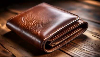 The fine texture of a luxury leather wallet, with soft lighting highlighting its natural grain, showcasing elegance and craftsmanship.
