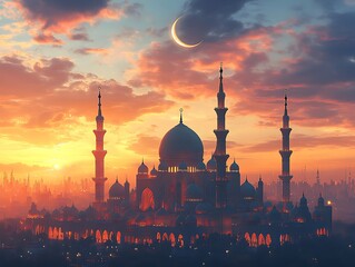 Fototapeta premium Silhouette of a Grand Mosque at Sunset with a Crescent Moon and Vibrant Sky