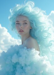 Woman with blue hair in light blue dress is a trendy fashion model. Suitable for hair dye ads, fashion editorials, beauty blogs.