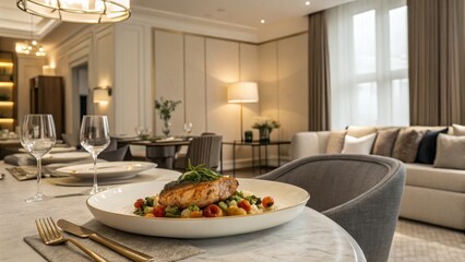 Fototapeta premium Chic and Sophisticated Dining Room with Delightful Culinary Display