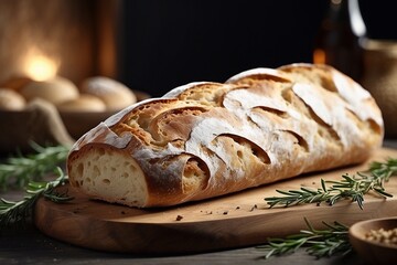 Homemade bread loaf with fresh thyme on a wooden board. Side view close-up. Modern horizontal minimalist food photography.