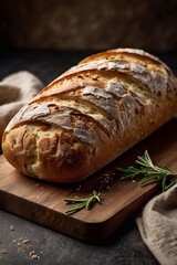 Realistic homemade bread loaf with fresh thyme on a wooden board. Side view close-up. Modern vertical stylish minimalist food photography.