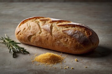 Realistic homemade bread loaf on the table Side view close-up. Modern horizontal minimalist food photography.