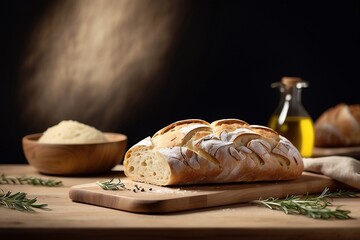 Realistic homemade bread loaf with olive oil on a wooden board. Side view close-up. Modern horizontal minimalist food photography.