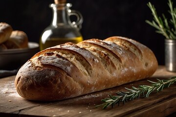Homemade bread loaf with olive oil on a wooden board. Side view close-up. Horizontal minimalist food photography.