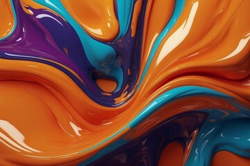 Realistic orange paint close-up flows mixing with blue and purple. Paint splashes for design backgrounds in a stream. Top view. Horizontal illustration.
