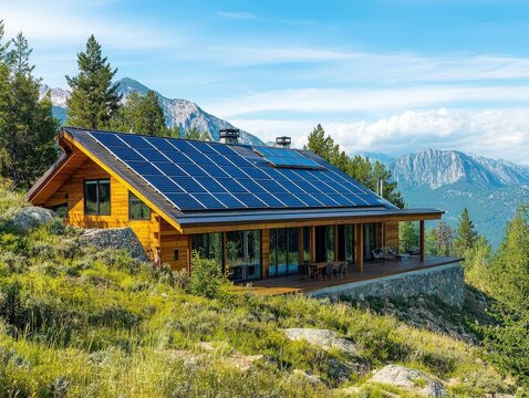 Solar energy integrated architecture, wooden off-grid home nestled in nature, large solar installations providing electricity, peaceful mountain living
