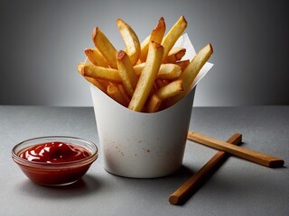 Fresh aromatic french fries in cubes in a white paper cup. Ketchup sauce next to it. Stylish food shooting. Side view. Vertical minimalist photography.