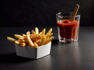 French fries in cubes in a square white paper plate. Ketchup sauce next to it. Stylish food shooting. Side view. Horizontal minimalist photography.