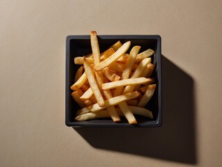 French fries in cubes in a square black plate. Stylish food shooting. Top view. Minimalist photography.