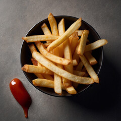 Fresh aromatic french fries in cubes in a round plate. Ketchup next to it. Modern stylish food shooting. Close-up view from above.