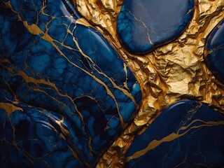 Dark blue smooth three-dimensional stone with rich luxurious gold veins in it. Stone in the cut close-up. Incredibly beautiful texture pattern.