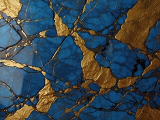 Realistic blue stone three-dimensional texture of marble with gold veins. Luxurious pattern for decoration, top view close-up. Art of stone in the cut.