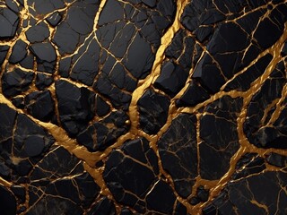 Realistic black stone or frozen resin texture with shallow gold veins. Luxurious pattern for decoration, top view close-up. Art of stone in the cut.