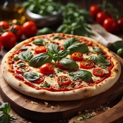 Fresh aromatic pizza with tomatoes and basil on a wooden board on the table. Modern stylish food shooting. Close-up view.