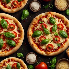 Fresh aromatic mini pizza with tomatoes and basil on the table. Modern stylish food photography. Close-up view from above.