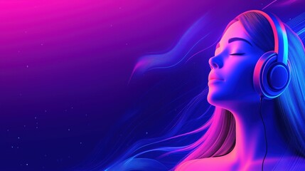 Fototapeta premium Girl listening to music with headphones in a vibrant neon space background, perfect for a minimalist banner design