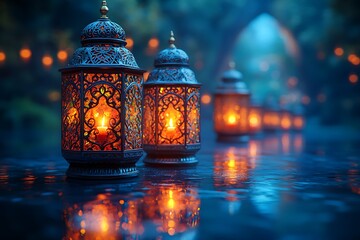 Obraz premium Illuminated Lanterns with Intricate Designs Glowing Against a Misty Blue Hued Background