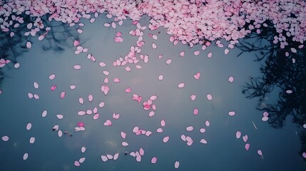 Delicate cherry blossoms floating on tranquil water, serene nature scene with calming colors, perfect for peaceful themes.