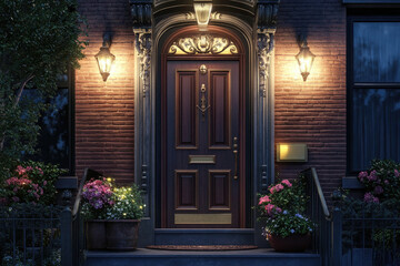 Elegant Entrance with Ornate Wooden Door and Warm Lighting
