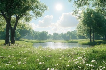 Obraz premium Photorealistic, cinematic-style green meadow with tall grass, trees, and a sun-reflecting pond in the background.